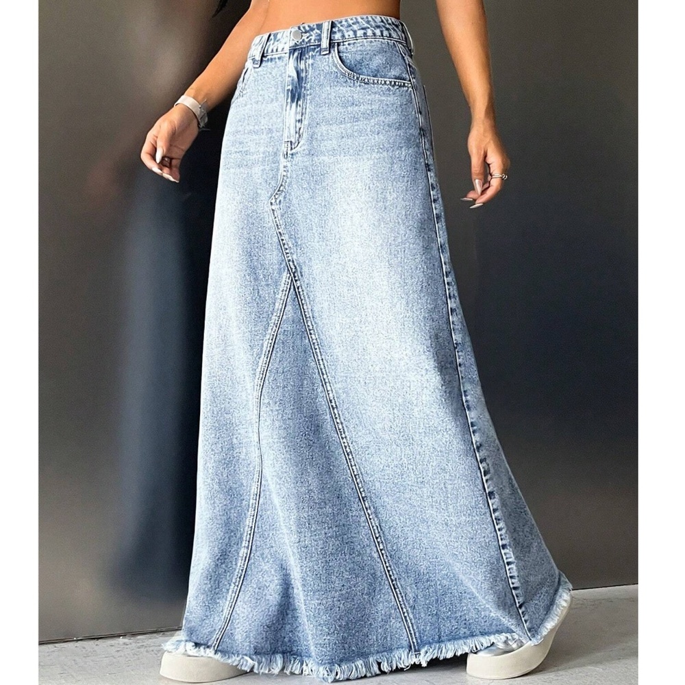 Boho Light Wash Raw hem Jean Denim Pockets Maxi Skirt - Picture 2 of 6